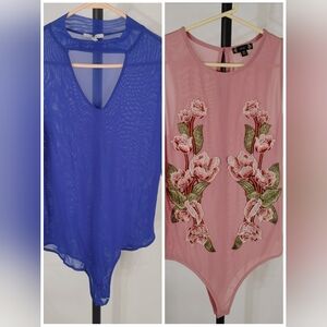 IRIS Sheer Mesh Bodysuit Bundle Womens 1X Blue Long Sleeve Pink Floral Sleeveles